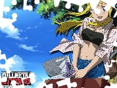 kobieta, Full Metal Alchemist, gazeta, drzewo, walizka