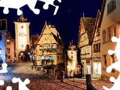 Domy, Bawaria, Ulica, Rothenburg ob der Tauber, Niemcy, Noc,
