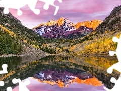Jezioro Maroon Lake, Odbicie, Stany Zjednoczone, Drzewa, Kol