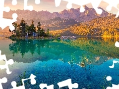 Drzewa, Alpy Bawarskie, Bawaria, Jezioro Eibsee, Góry, Odbicie, Niemcy
