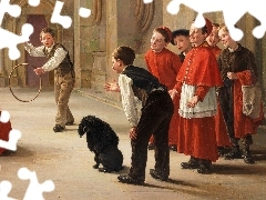Chłopcy, Obraz, Dzieci, Zabawa, Chórzyści, Malarstwo, Charles Bertrand dEntraygues, Sztuczki, Pies, Ministranci