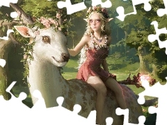 Jeleń, Rogi, Fantasy, Dziewczyna, Las, Biały, Grafika, Elf