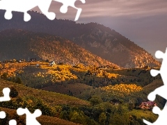 Góry, Domy, Drzewa, Wzgórza