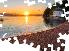 Fiord, Zachód słońca, Bunnefjorden, Budynek, Oslo, Norweg