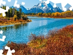 Trawy, Rzeka, Góry, Stan Wyoming, Teton Range, Park Narodow