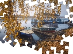 Motorówki, Jezioro, Gałęzie, Brzoza, Jesień, Przystań