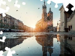 Kościół Mariacki, Polska, Kałuża, Odbicie, Kamienice, Kraków