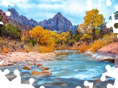 Góry, Virgin River, Kamienie, Park Narodowy Zion, Drzewa, R