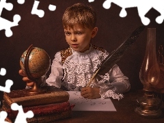 Książki, Chłopiec, Lampa, Pióro, Globus, Nauka
