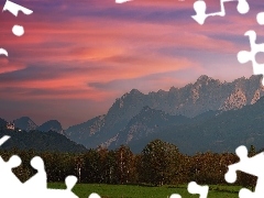 Zamek, Góry, Drzewa, Jesień, Łąka, Zachód słońca