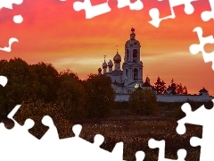 Roślinność, Cerkiew, Jesień, Drzewa, Zachód słońca