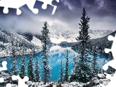 Moraine Lake, Jezioro, Prowincja Alberta, Chmury, Mgła, Par