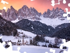 Kościół, Dolomity, Zima, Val di Funes, Wieś, Góry, Masy
