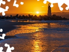 Seabright State Beach, Morze, Latarnia morska, Kalifornia, Walton Lighthouse, Wschód słońca, Skały, Stany Zjednoczone, Santa Cruz, Plaża