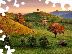 Wzgórza, Kanton Zug, Domy, Wzgórza, Szwajcaria, Hirzel Hill, Drzewa
