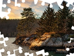 Jezioro, Drzewa, Pomost, Skały