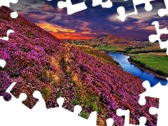 Wzgórza, Pentland Hills, Szkocja, Zbiornik, Edynburg, Zachód Słońca, Wrzosowisko, Jezioro Threipmuir