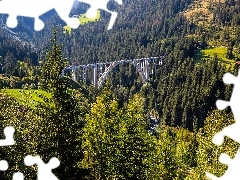 Góry, Alpy, Drzewa, Most, Lasy, Kanton Gryzonia, Szwajcaria, Wiadukt Langwieser