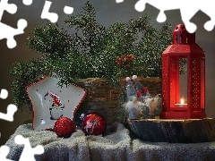 Bombki, Boże Narodzenie, Gałązki, Lampion, Kompozycja, Koszyk, Krasnale