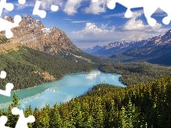 Skały, Jezioro, Chmury, Prowincja Alberta, Drzewa, Park Nar