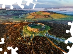 Grianan of Aileach, Ruiny, Wzgórza, Mury obronne, Lasy, Irlandia, Donegal, Fort, Kamienny, Miejscowość Burt, Pola