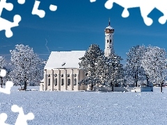 Góry, Zima, Alpy, Drzewa, Bawaria, Niemcy, Eglise Saint Coloman, Region Allgau, Kościół