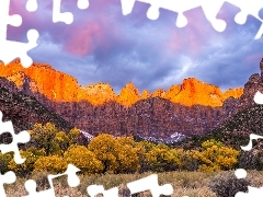 Chmury, Drzewa, Utah, Jesień, Góry, Park Narodowy Zion, St