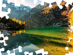 Rozświetlone, Góry, Odbicie, Jesień, Drzewa, Jezioro