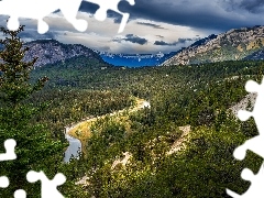 Las, Góry, Rzeka, Bow River, Alberta, Kanada, Chmury, Park