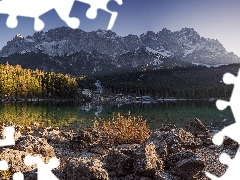 Góry, Pasmo Karwendel, Kamienie, Jezioro Eibsee, Drzewa, Ba
