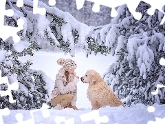 Golden retriever, Dziewczynka, Ośnieżone, Drzewa, Zima, Pies