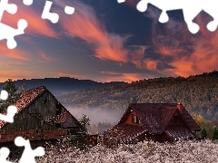 Lasy, Mgła, Polska, Wschód słońca, Powiat suski, Góry, Domy, Zawoja