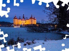 Jezioro Waldesee, Zima, Saksonia, Pałac Moritzburg, Niemcy