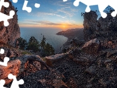 Morze Czarne, Góry Krymskie, Pień, Mount Koshka, Krym, Skały, Zachód słońca