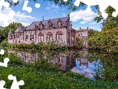 Chmury, Stapelen Castle, Drzewa, Prowincja Brabancja Północna, Zieleń, Zamek, Staw, Holandia, Boxtel, Niebo