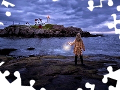 Skały, Morze, Latarnia morska, Nubble Lighthouse, Stan Maine, Stany Zjednoczone, Lampa, Cape Neddick, Kobieta