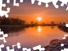 Pomarańczowe, Niebo, Drzewa, Zachód słońca, Rzeka