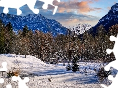 Zaśnieżony, Góry, Drzewa, Dolina, Zima, Staw, Mostek