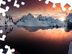 Zachód słońca, Zima, Obertauern, Austria, Jezioro Grunwal