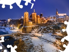 Saksonia, Niemcy, Budziszyn, Bautzen, Drzewa, Zima, Most, Zamek Ortenburg, Rzeka Sprewa