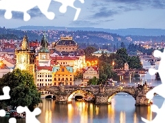 Domy, Mosty, Praga, Czechy, Wieczór, Rzeka Wełtawa