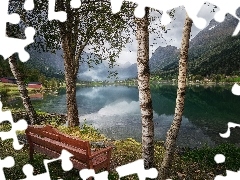 Drzewa, Góry, Ławka, Chmury, Brzozy, Jezioro