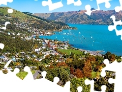 Półwysep Banksa, Morze, Góry, Zatoka, Region Canterbury, Nowa Zelandia, Domy, Akaroa, Żaglówki