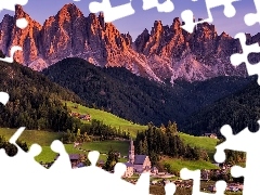 Góry, Dolomity, Wieś Santa Maddalena, Las, Domy, Włochy,