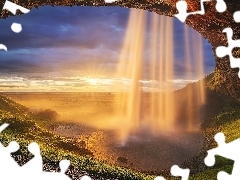 Skały, Zachód słońca, Islandia, Wodospad Seljalandsfoss