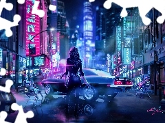 Kobieta, Broń, Noc, Miasto, Roboty, Cyberpunk 2077, Gra, Sa