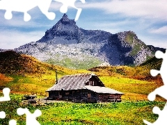 Domek, Łąka, Góry, Chmury