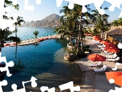 Basen Palmy, Morze, Parasolki, Leżaki, Hotel, Meksyk, Cabo San Lucas, Góry, Ocean Spokojny, Hacienda Beach Club Residences, Wakacje