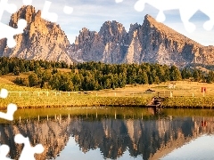 Góra Schlern, Drzewa, Włochy, Staw, Tyrol, Dolomity, Góry