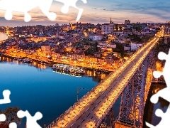 Rzeka Duero, Portugalia, Oświetlony, Most Ponte Dom Luis I,